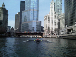 Bedford boys on the Chicago River in front of the Trump Tower